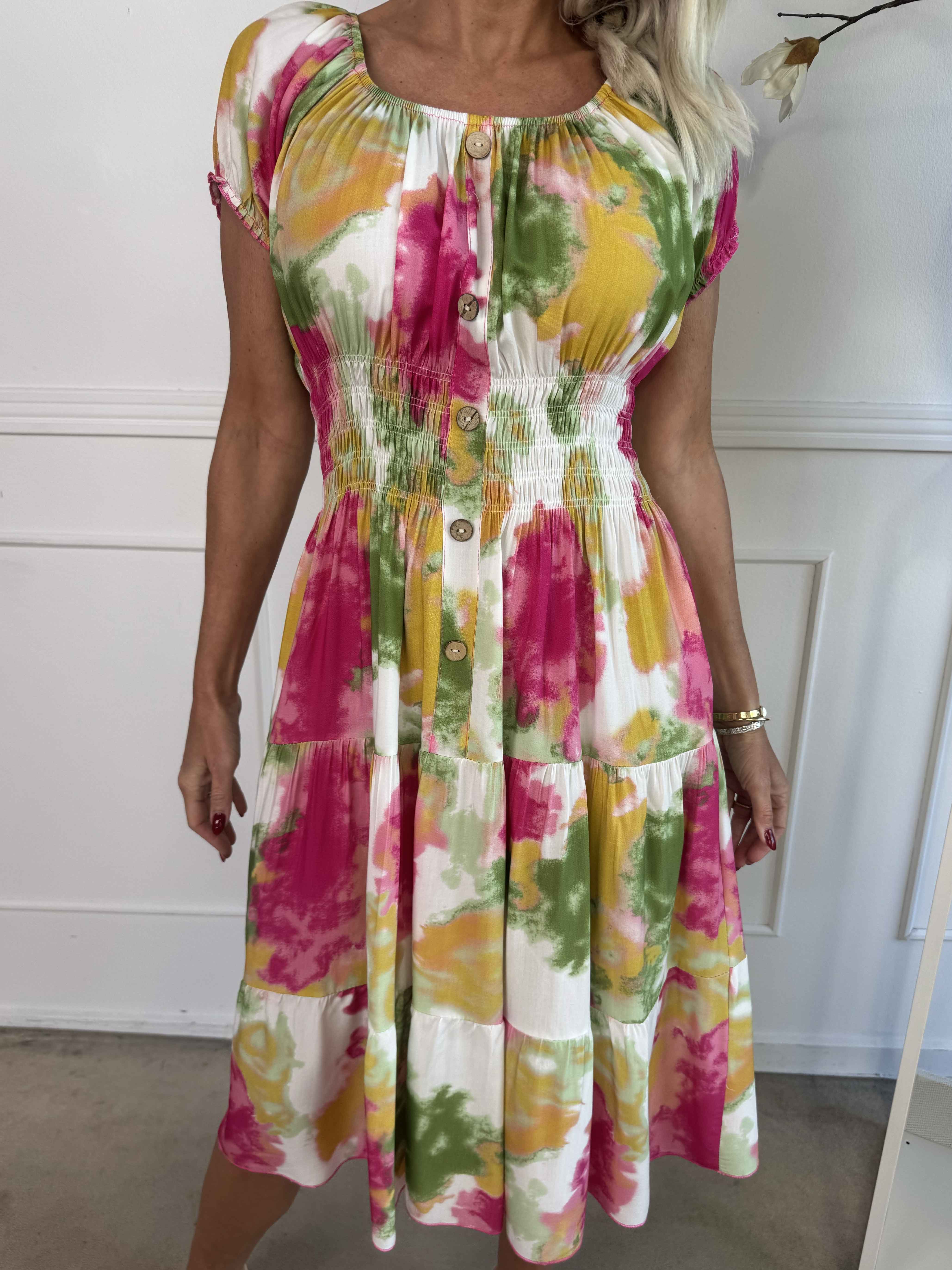 Leah - Mångfärgad viskosklänning med puffärmar och fickor